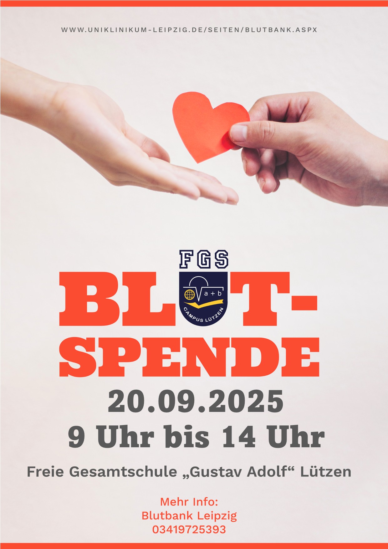 Hände halten Herz, Text "Blutspende" in Rot, Schule "Gustav Adolf", Datum: 20.09.2025.