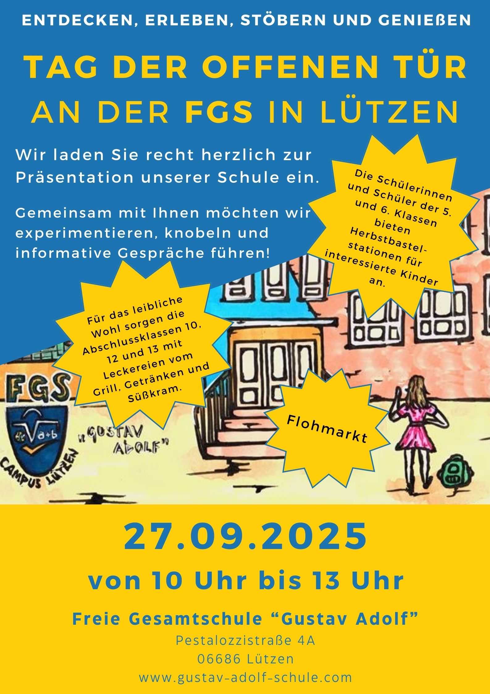 Plakat für Tag der offenen Tür mit farbenfrohen Illustrationen und Text auf Blau und Gelb.