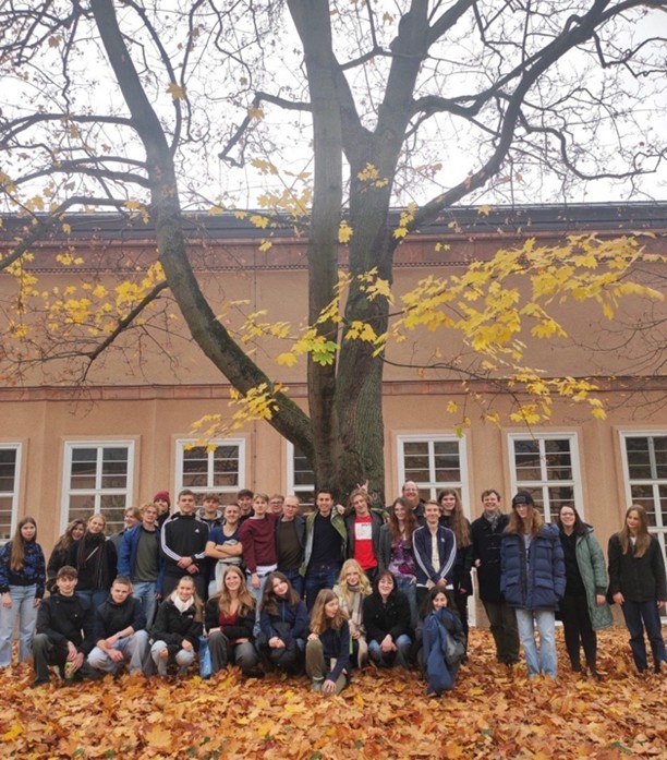 Eine große Gruppe junger Menschen lächelt freundlich vor einem Baum mit gelben Blättern