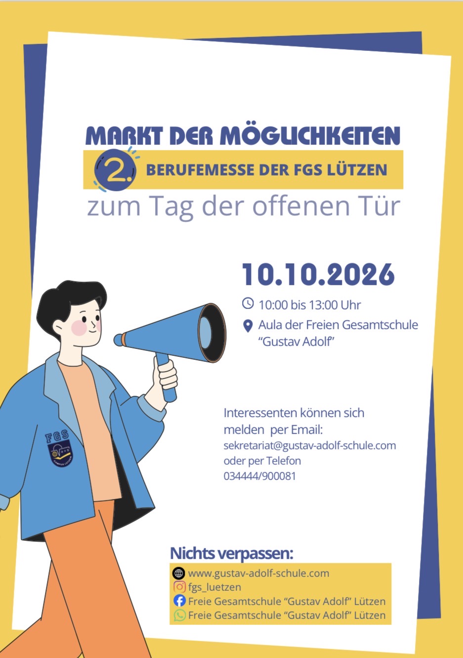 Ein gezeichneter Jugendlicher mit dunklen Haaren lächelt und hält ein blaues Megafon